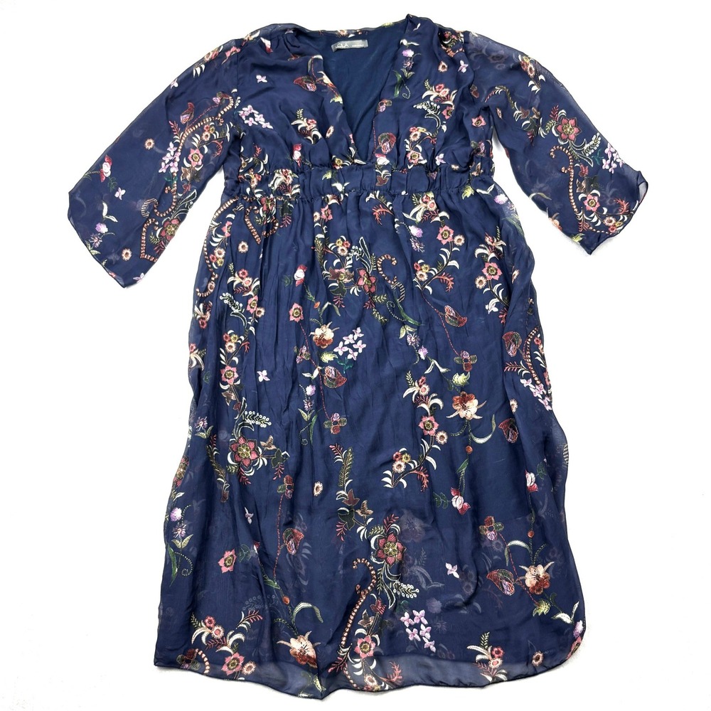 Lola Dress Womens Medium Blue Silk Blend Floral V Neck Midi Made In Italy